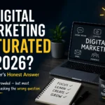 “Is digital marketing saturated in 2026 concept image with laptop displaying marketing icons, notebook checklist, and modern workspace setup.”