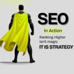 SEO without Google concept showing strategy-driven ranking with superhero figure symbolizing digital marketing growth