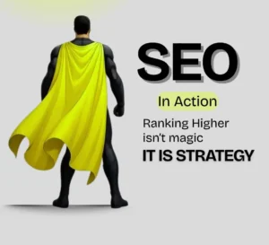 SEO without Google concept showing strategy-driven ranking with superhero figure symbolizing digital marketing growth