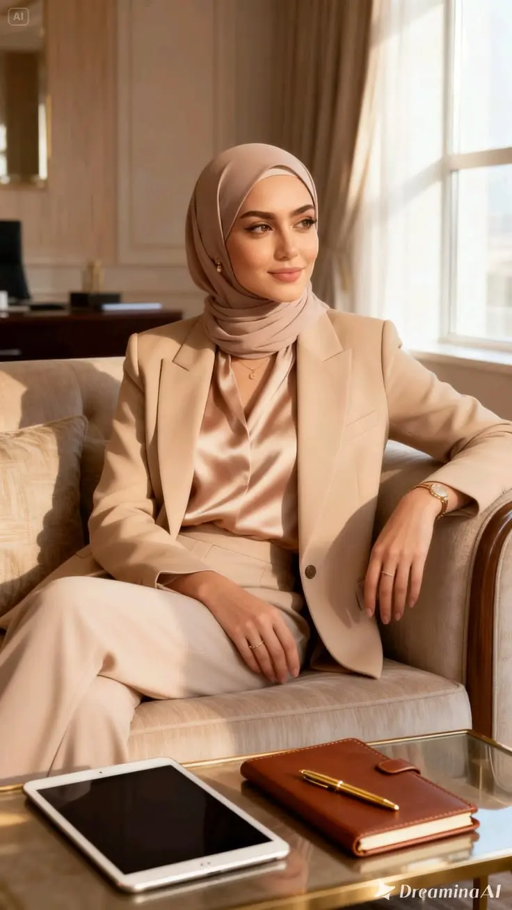 Professional woman in beige suit and hijab sitting in modern office with tablet and notebook on table.